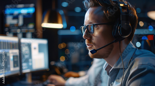 A man wearing a headset is sitting in front of a computer monitor