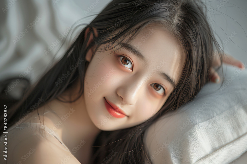 a woman with long hair laying on a pillow a woman with long hair laying on a pillow