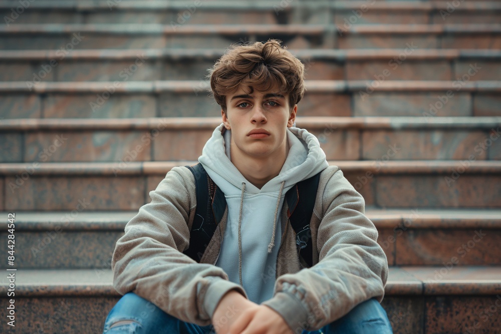 Distressed melancholy young man sitting outside on stairs. Distressed melancholy young man sitting outside on stairs.