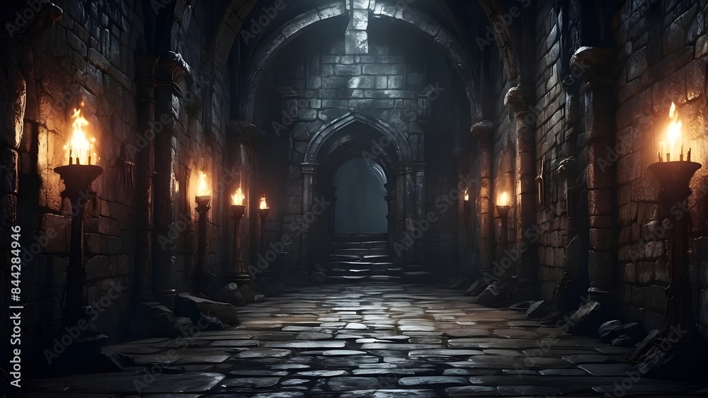 Long, gloomy medieval castle corridors with torches, eerie medieval catacombs that never stop. Concept of a mysterious nightmare. Long, gloomy medieval castle corridors with torches, eerie medieval catacombs that never stop. Concept of a mysterious nightmare.