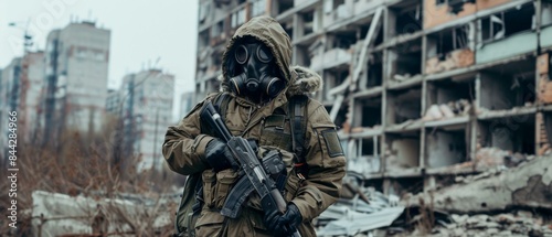 A man in gas mask holding a rifle standing next to rubble. Generative AI.