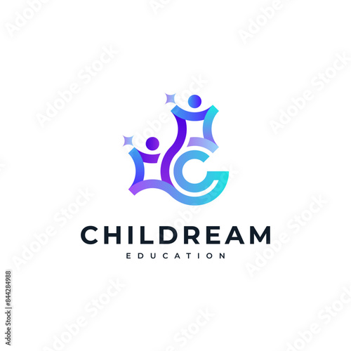 letter C with children carrying stars for education, care, childcare and orphanage logos
