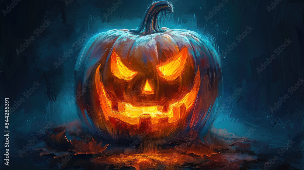 Jackolantern, top view, glowing carved pumpkin, realistic tone, vivid color scheme Jackolantern, top view, glowing carved pumpkin, realistic tone, vivid color scheme