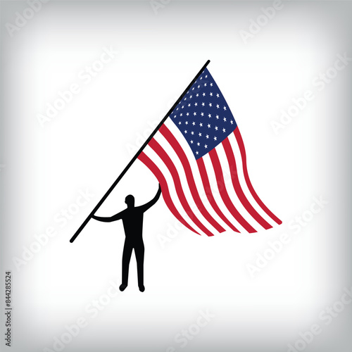 A man holds the flag of United States in the air. Vector flag waving. National day realistic flag illustration.