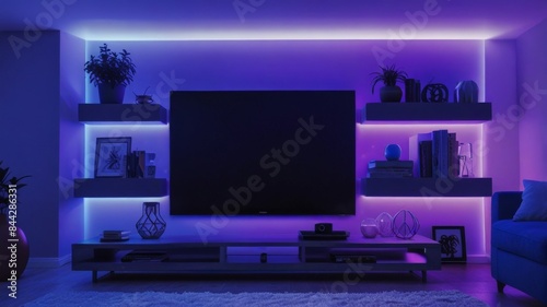 realistic Design a living room. YouTube studio background. YouTube thumbnail background with a it RGB purppurple light setup, new gadgets, youtube silver button and soft and hard light one sile blue 