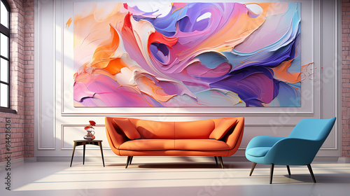 modern futuristic abstract painting on wall front of sofa in living roo, photo