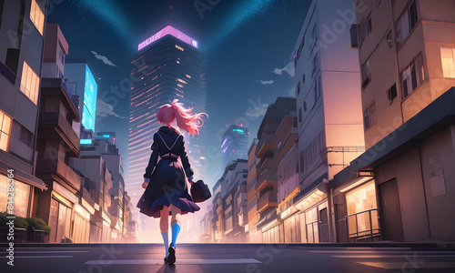 lofi音楽用画像、町の通りを歩く女性のアニメの風景、AI photo
