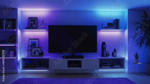 realistic Design a living room. YouTube studio background. YouTube thumbnail background with a it RGB purppurple light setup, new gadgets, youtube silver button and soft and hard light one sile blue 