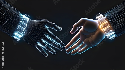 ai generated Illustration two wire-frame glowing hands, handshake, technology, business, trust concep photo