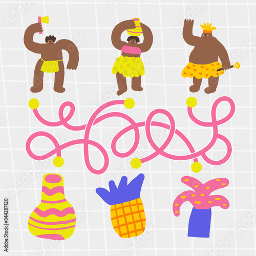 Jungle rain forest doodle maze with tribe people, chief, shaman, woman. Wild nature, mossy forest puzzle for kids, children. Funny cartoon style labyrinth with adorable characters