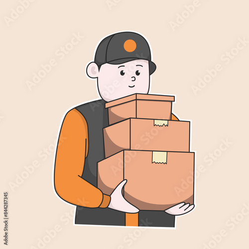Delivery Man with Packages Vector Cute Illustration