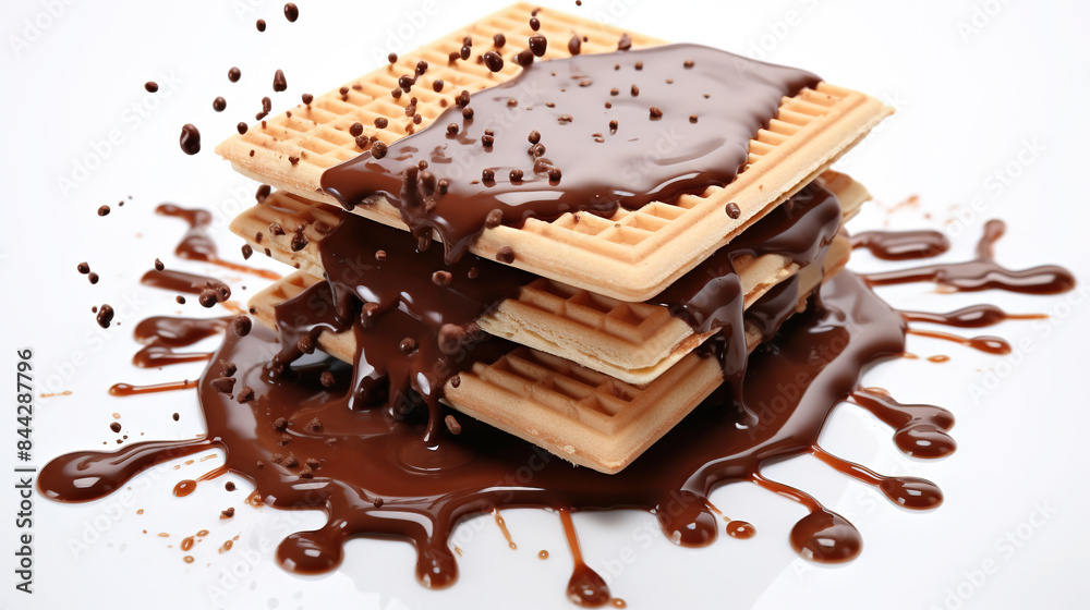Wafer cookies with a chocolate splash. isolated on an empty white background Wafer cookies with a chocolate splash. isolated on an empty white background