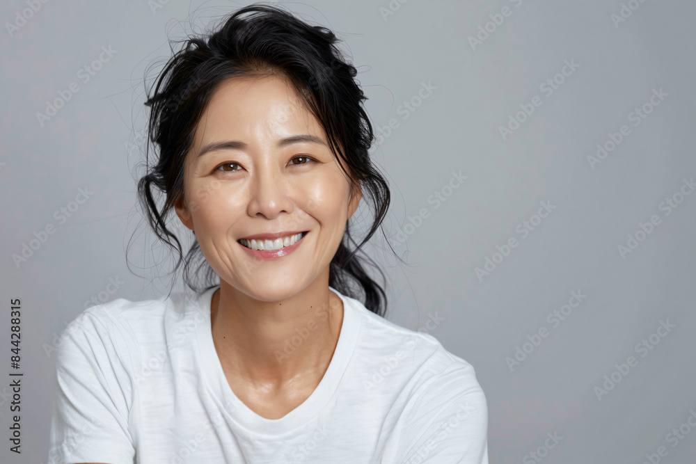 a woman with a white shirt and a smile a woman with a white shirt and a smile