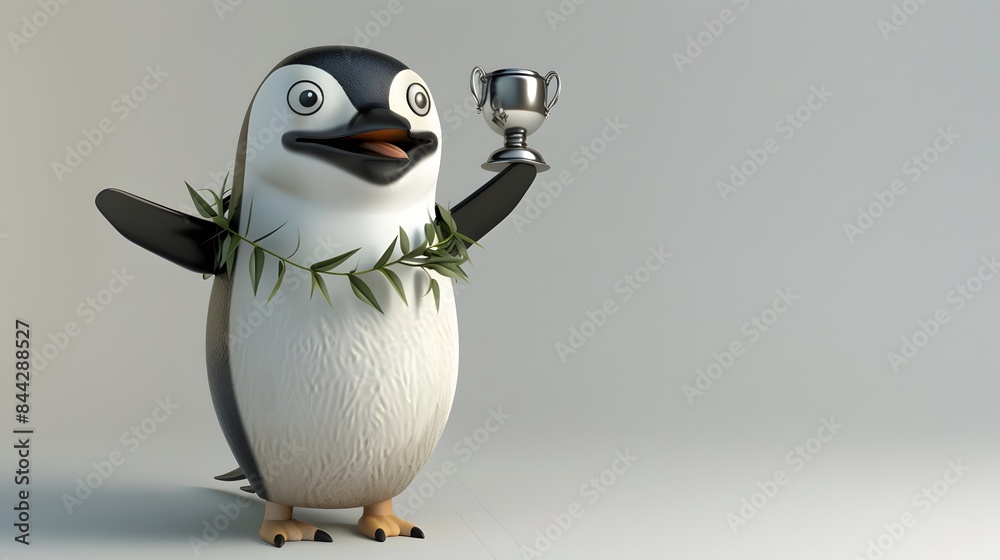 Obraz premium Illustration of Penguin celebrating a golf victory, holding a tiny trophy and wearing a laurel wreath. Ai Generate.
