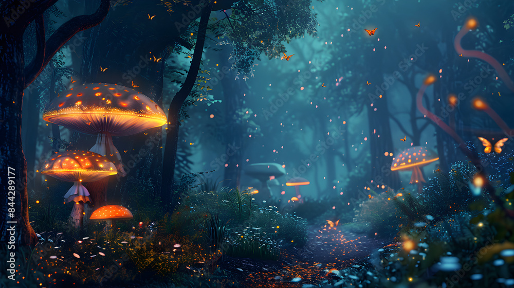 Mysterious forest clearing with luminescent mushrooms creating an enchanted and eerie atmosphere after dark. Mysterious forest clearing with luminescent mushrooms creating an enchanted and eerie atmosphere after dark.