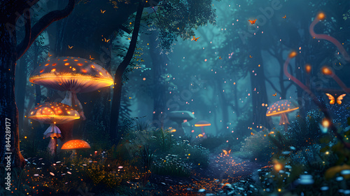 Mysterious forest clearing with luminescent mushrooms creating an enchanted and eerie atmosphere after dark. © Szalai