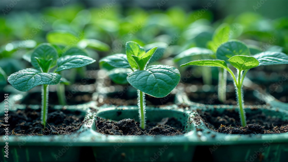 Closeup of a young green plants growing in a plastic tray. Closeup of a young green plants growing in a plastic tray.