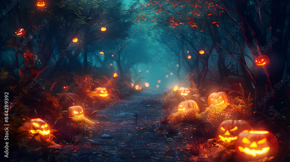 A mysterious forest path with eerie glow from jack-o-lanterns, creating a spooky atmosphere. A mysterious forest path with eerie glow from jack-o-lanterns, creating a spooky atmosphere.