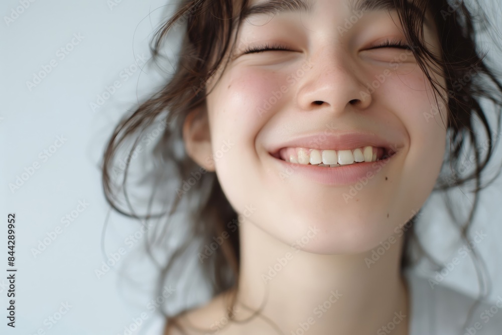 A woman with long hair is smiling and has her mouth open. Concept of happiness A woman with long hair is smiling and has her mouth open. Concept of happiness