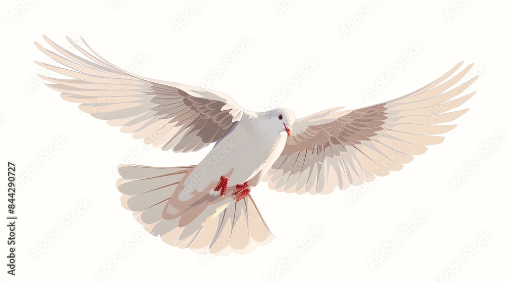 A beautiful white dove is flying with its wings spread wide. The dove has a gentle expression on its face and is looking downward. A beautiful white dove is flying with its wings spread wide. The dove has a gentle expression on its face and is looking downward.