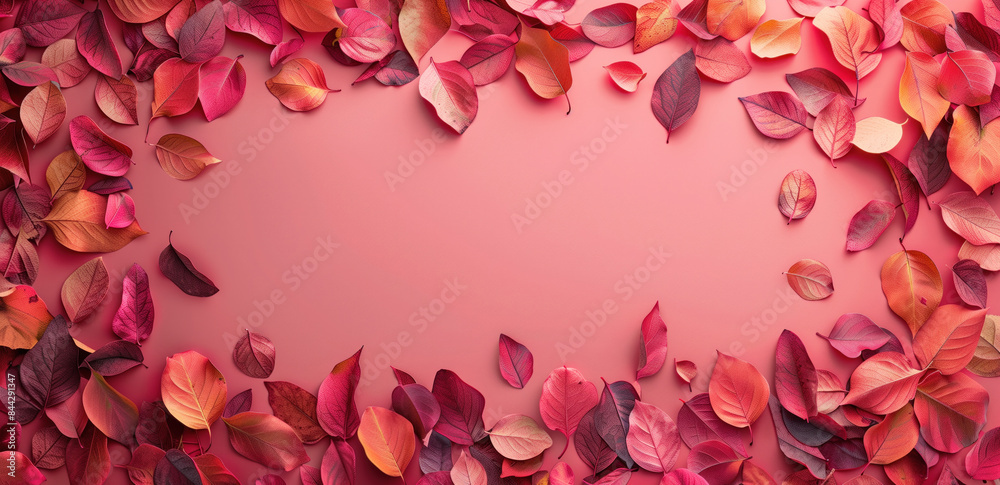 Autumn leaves frame. Vibrant foliage on pink background. Seasonal decor and nature scene. Autumn leaves frame. Vibrant foliage on pink background. Seasonal decor and nature scene.