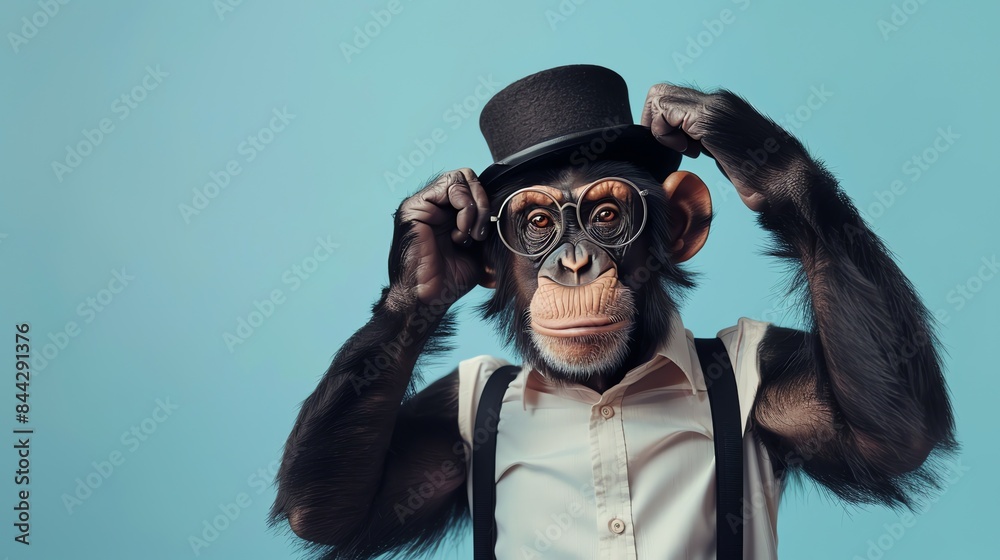 Chimpanzee dressed in formal attire, including a top hat, suspenders, and eyeglasses, with a serious expression on its face. Chimpanzee dressed in formal attire, including a top hat, suspenders, and eyeglasses, with a serious expression on its face.