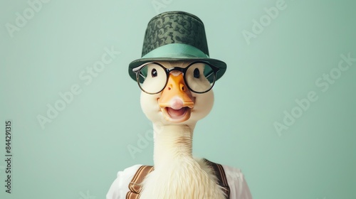 A duck wearing a hat and glasses. The duck is smiling and looks happy. The background is a light blue color. photo