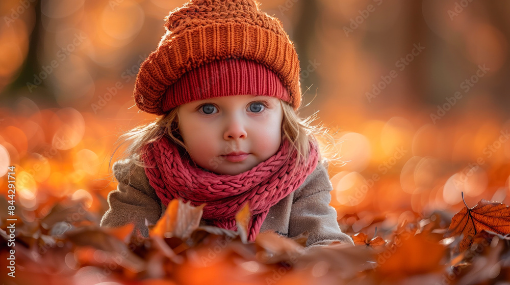 Child in autumn. Cute toddler with knit hat and scarf. Warm and cozy outdoor scene. Child in autumn. Cute toddler with knit hat and scarf. Warm and cozy outdoor scene.