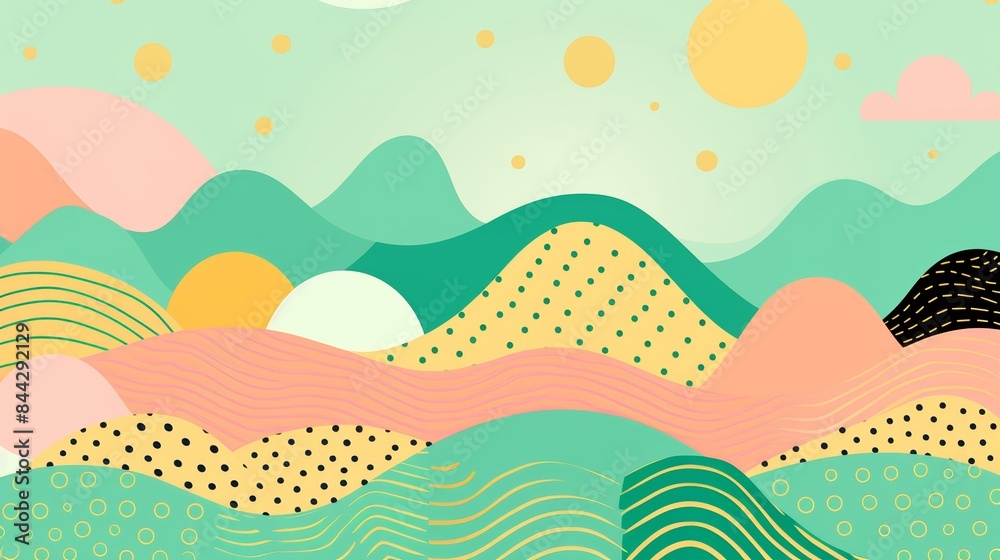 Colorful abstract landscape illustration with rolling hills, dotted patterns, and sun in pastel colors. Vibrant, modern, and artistic design. Colorful abstract landscape illustration with rolling hills, dotted patterns, and sun in pastel colors. Vibrant, modern, and artistic design.