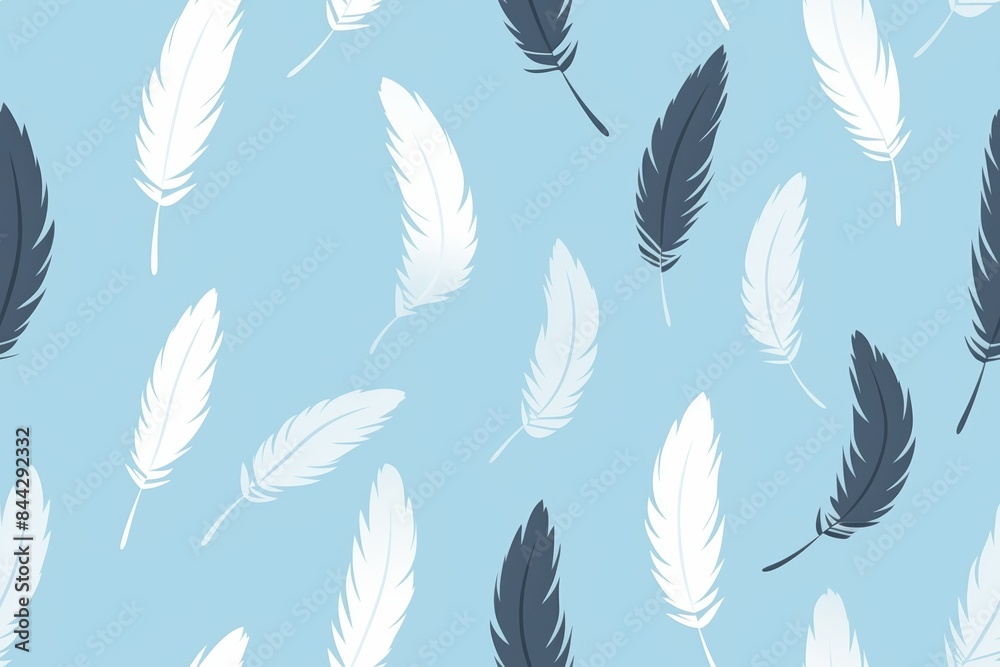 Seamless pattern with white and dark blue feathers on a light blue background. Ideal for textiles, wallpaper, and decor. Seamless pattern with white and dark blue feathers on a light blue background. Ideal for textiles, wallpaper, and decor.