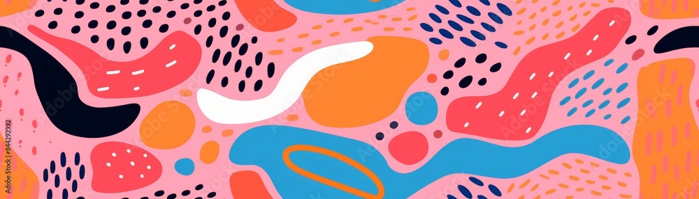 Vibrant abstract pattern with bold pink, blue, orange shapes and black dotted elements, perfect for modern artistic designs and backgrounds. Vibrant abstract pattern with bold pink, blue, orange shapes and black dotted elements, perfect for modern artistic designs and backgrounds.