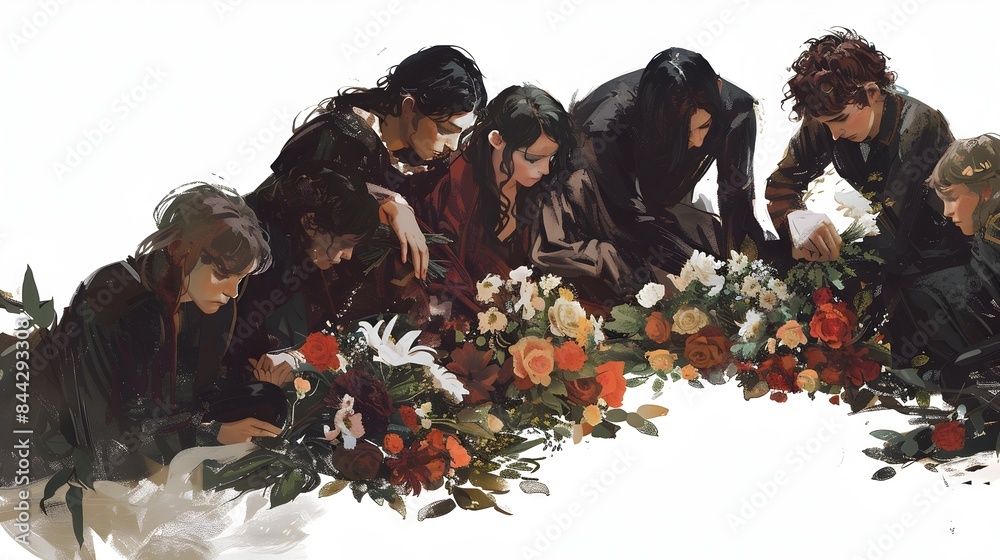 Mourners Gathering Around a Casket Covered in Flower Bouquet at a Funeral Ceremony