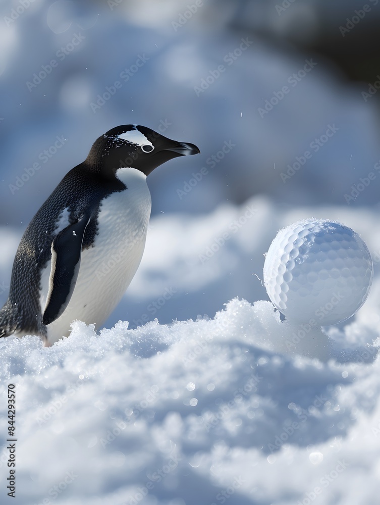 Fototapeta premium Illustration of Penguin dressed in a golf outfit, swinging a golf club with a determined look. Ai Generate.