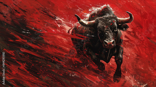 A bull is running through a red background