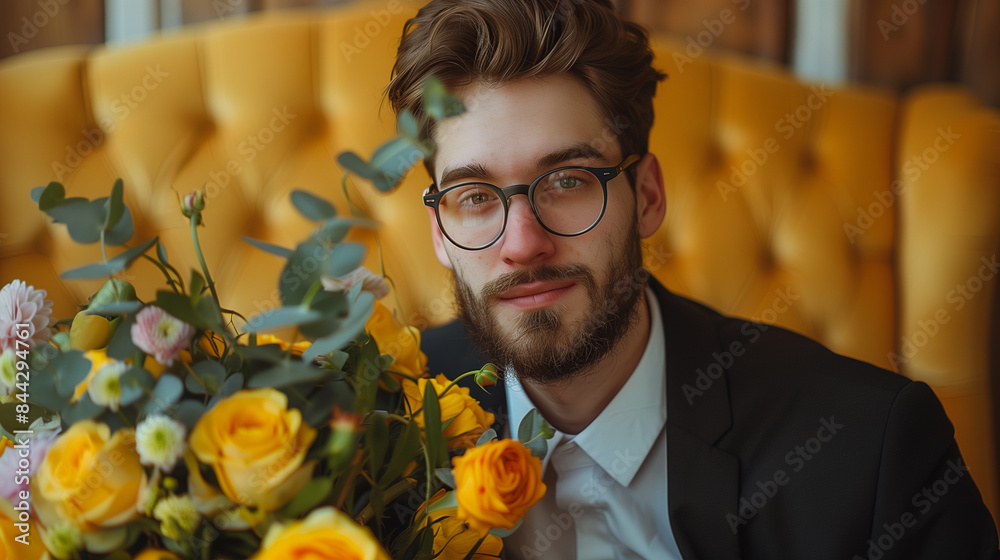 A man with a beard and glasses poses for a portrait, a bouquet of yellow roses and greenery in front of him. He is sitting in a yellow chair in a brightly lit room A man with a beard and glasses poses for a portrait, a bouquet of yellow roses and greenery in front of him. He is sitting in a yellow chair in a brightly lit room