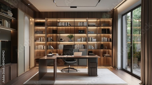A contemporary and stylish home office or study space  illuminated by gentle  natural light.