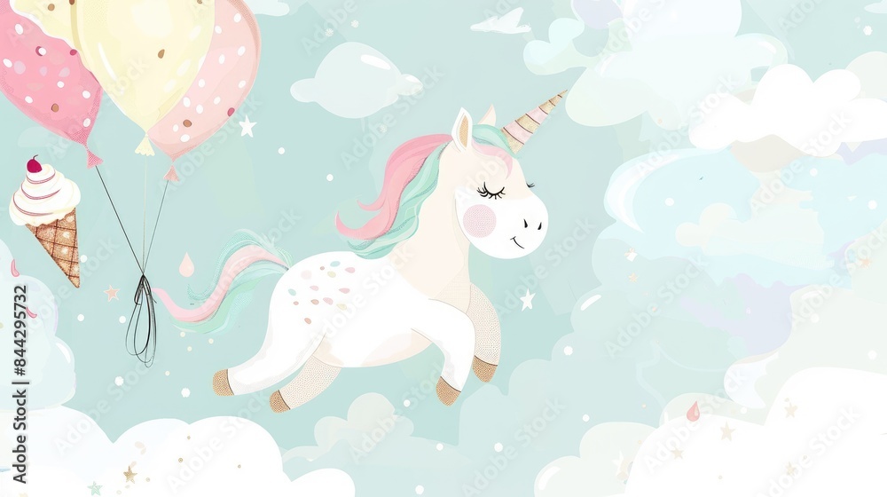 Adorable unicorn illustration flying across the sky with an ice cream balloon depicted in a charming hand drawn style and set against a white background with pastel hues This delightful fai Adorable unicorn illustration flying across the sky with an ice cream balloon depicted in a charming hand drawn style and set against a white background with pastel hues This delightful fai