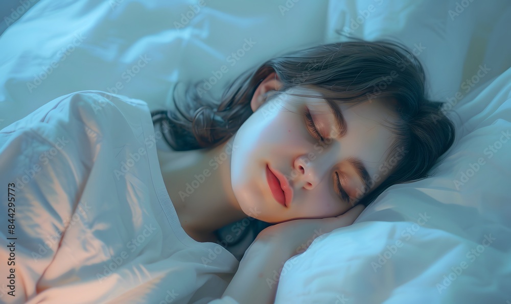 A woman is sleeping on a bed , Generative AI A woman is sleeping on a bed , Generative AI