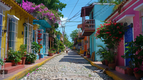 A colorful street with houses and potted plants