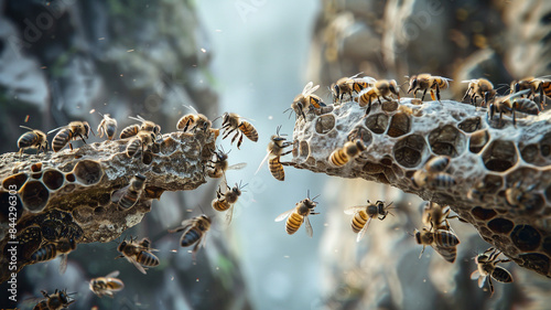 Teamwork of bees bridge a gap of two bee swarm parts. Bees make metaphor for business, concept of teamwork, partnership, cooperation, trust, community, bridging the gap, bridge, link, chain, nature. photo