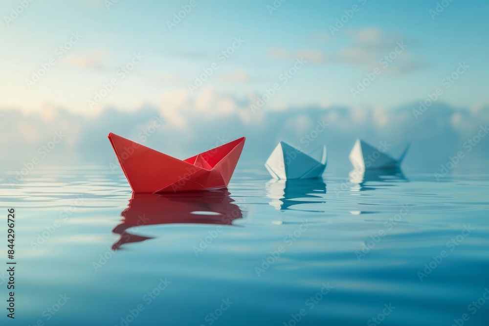 Obraz premium A red paper boat leads a group of white paper boats on a calm, reflective body of water under a clear sky. This scene symbolizes leadership, guidance, and standing out amidst tranquility