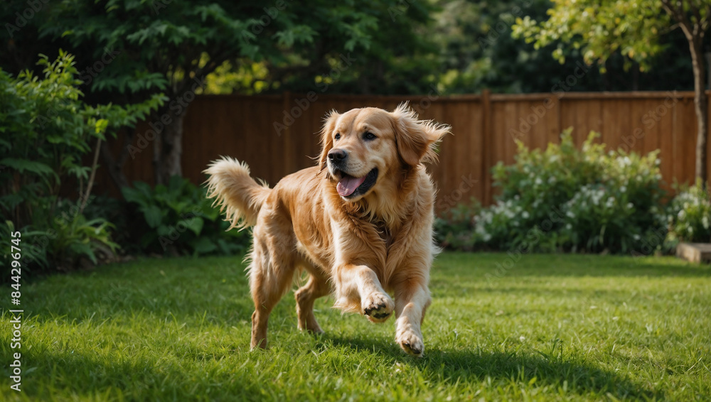 Cane di razza Golden retrive corre felice in un prato verde