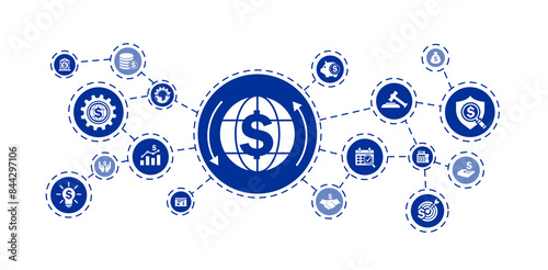 Vector illustration of finance icons such as money, bank, check, legal, auction, exchange, payment, wallet, deposit, pig, calculator, and other icons.