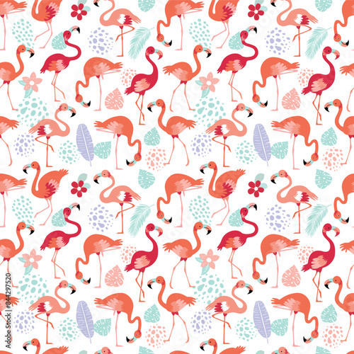 Pattern with pink flamingos and tropical leaves on a white background. Pink flamingo in flat style. Seamless pattern for textile, wrapping paper, background.