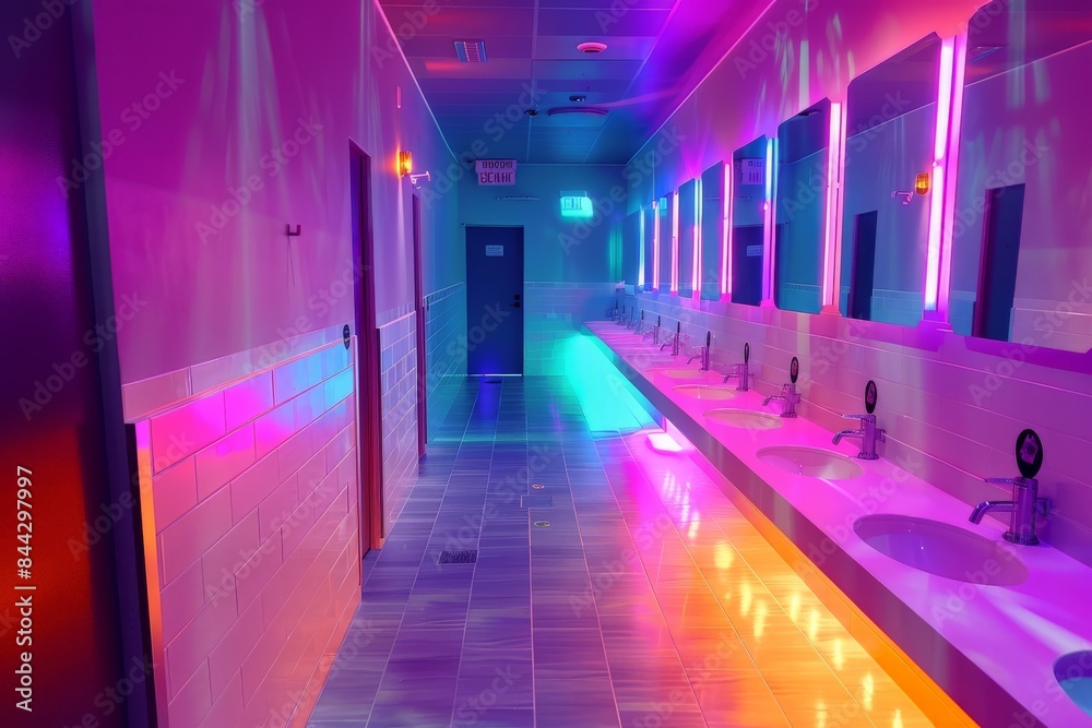Spacious corridor leading to neon-lit bathrooms with reflective floors and modern design Spacious corridor leading to neon-lit bathrooms with reflective floors and modern design