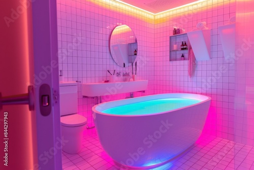 A neon-lit freestanding bathtub centers this chic bathroom with a soft pink hue