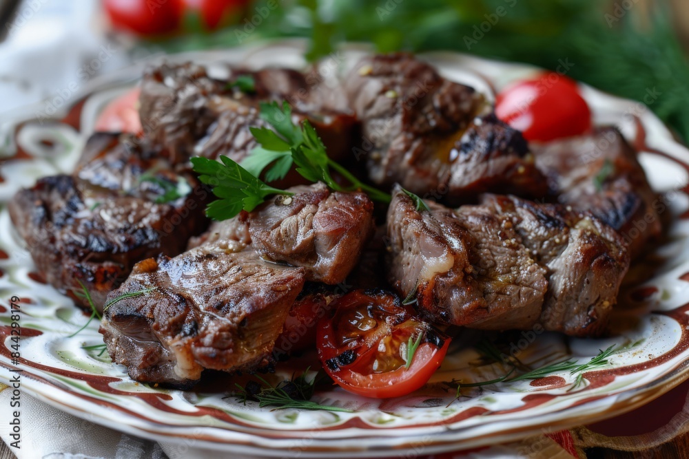 Delicious grilled beef steaks with cherry tomatoes and parsley, arranged on a decorative plate Delicious grilled beef steaks with cherry tomatoes and parsley, arranged on a decorative plate