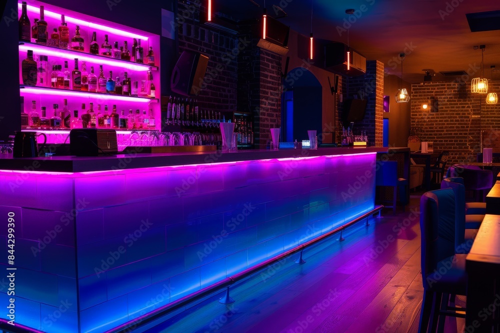 Chic bar combined with blue neon lighting offering an upscale and sophisticated nightlife atmosphere Chic bar combined with blue neon lighting offering an upscale and sophisticated nightlife atmosphere