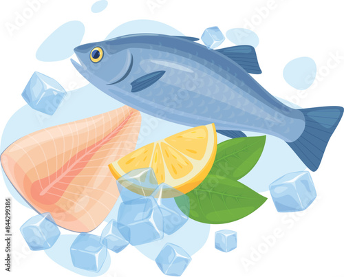 Ocean fish raw fresh product seafood menu with lemon mint and ice cubes isometric vector