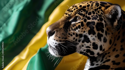 Majestic Jaguar Portrait with Minimalist Brazilian Flag Background